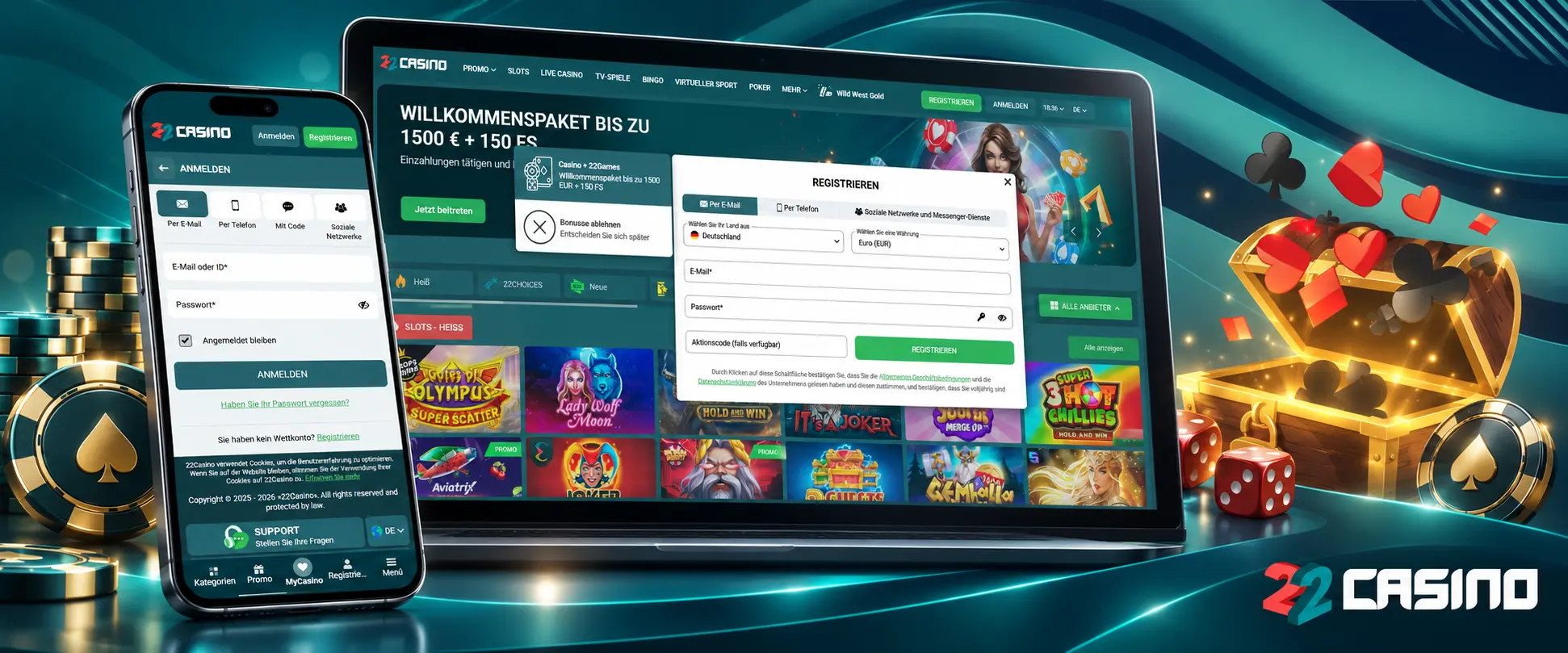 Registrierung und Login bei 22Casino